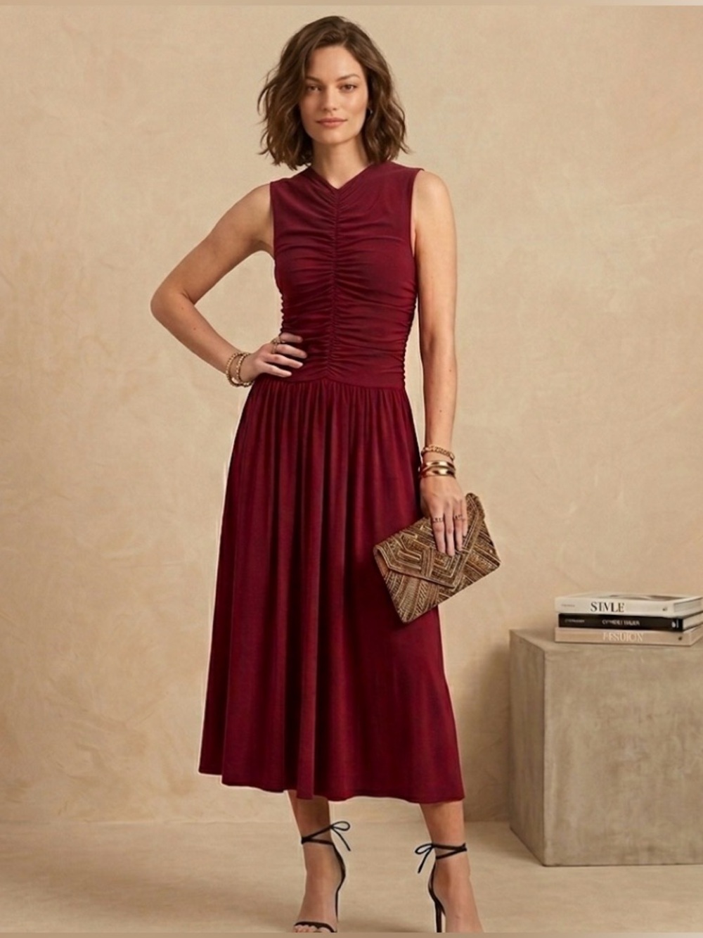Aritzia Wilfred Fosette Ruched V-Neck Midi Dress Dark Ruby Red XS